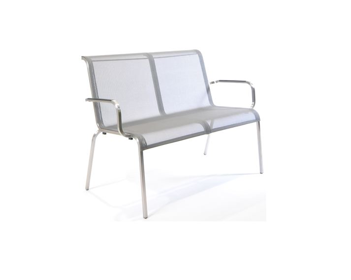 Modena bench, stackable, frame: stainless steel, seating surface: sling silver-black, armrest: plastic, black