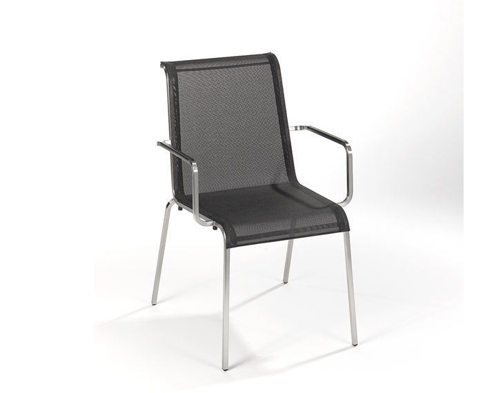 Modena armchair, stackable, frame: stainless steel, seating surface: sling black, armrest: plastic, black