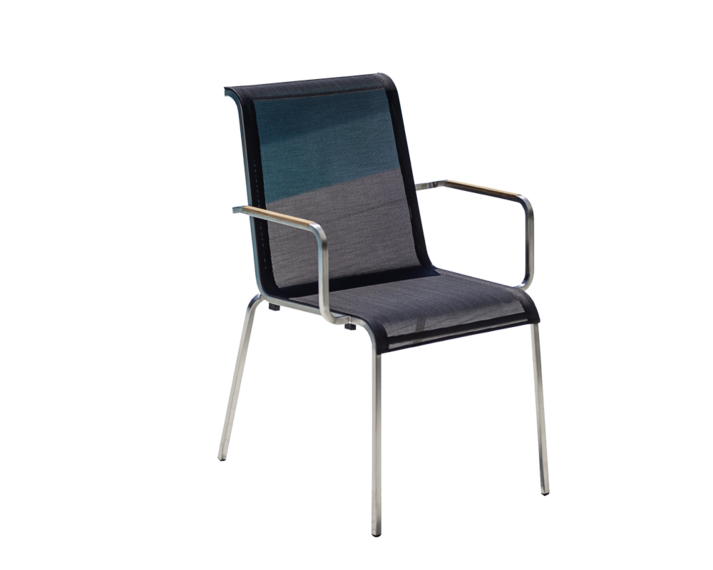 Modena armchair, stackable, frame: stainless steel, seating surface: sling black, armrest: teak