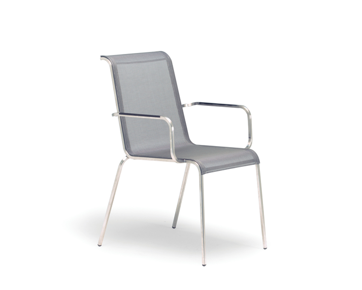 Modena armchair, stackable, frame: stainless steel, seating surface: sling silver-black, armrest: plastic, black