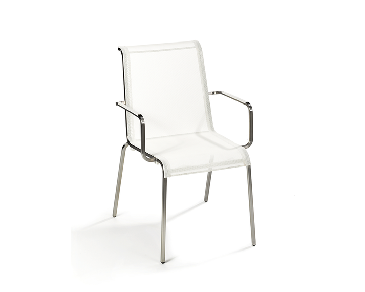 Modena Stapelsessel, Gestell: Edelstahl geschliffen, Sitzfläche: Gewebe weiß, Armlehne: Kunststoff, weiß