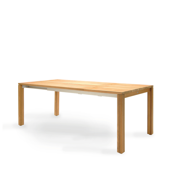June front extension table 95x150/210cm, frame aluminium silver anodised, frame side parts: Premium teak, table top: Premium teak