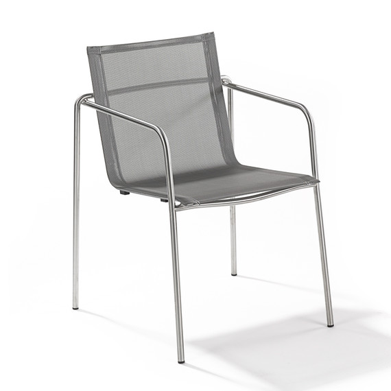 Taku armchair, stackable, frame: stainless steel electro polished, seating surface: sling silver-black