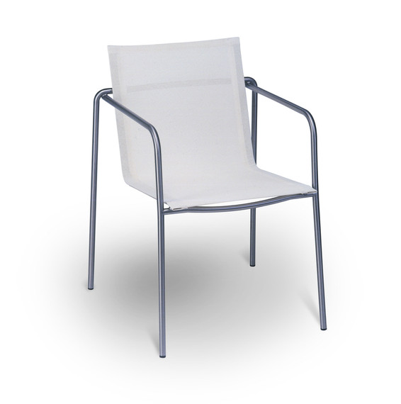 Taku armchair, stackable, frame: stainless steel electro polished, seating surface: sling white