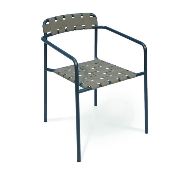 Tonic armchair, frame: stainless steel anthracite matt textured coating, seating surface: webbing chocolate