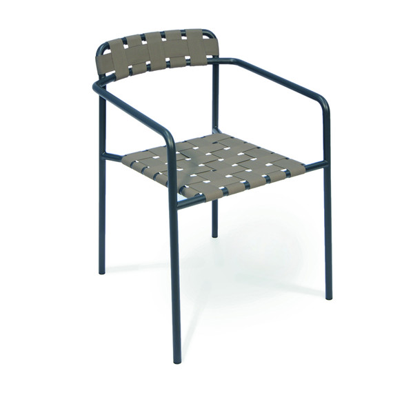 Tonic armchair, frame: stainless steel anthracite matt textured coating, seating surface: webbing taupe