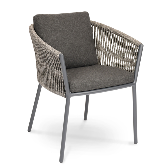 Cosmo Sessel, Gestell: Aluminium anthrazit matt Strukturlack, Sitzfläche: fm-flat rope anthrazit, Kissen Sitz und Rücken shadow