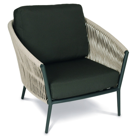 Cosmo Lounge Sessel, Gestell: Aluminium anthrazit matt Strukturlack, Sitzfläche: fm-flat rope linen, Kissen Sitz und Rücken charcoal