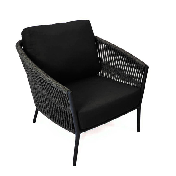 Cosmo armchair, frame: aluminium anthracite matt textured coated, seating surface: fm-flat rope anthracite, cushion seat and back charcoal