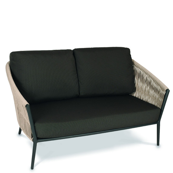 Cosmo Lounge 2-Seater, frame: aluminium anthracite matt textured coated, seating surface: fm-flat rope linen, cushion seat and back charcoal