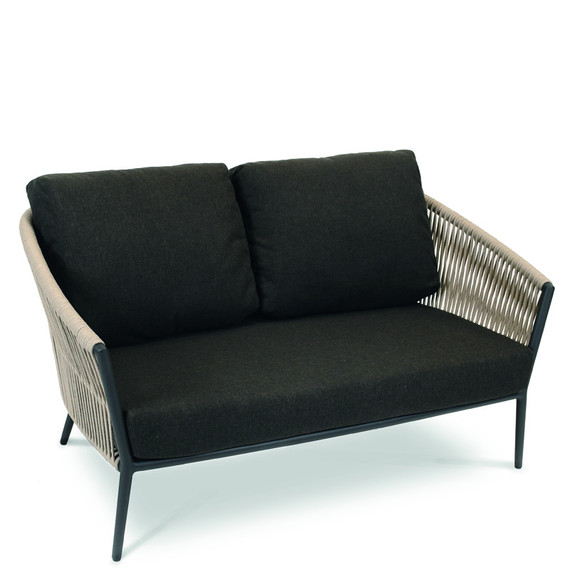 Cosmo Lounge 2-Seater, frame: aluminium anthracite matt textured coated, seating surface: fm-flat rope linen, cushion seat and back shadow