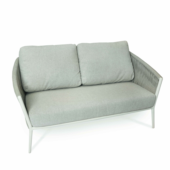 Cosmo Lounge 2-Seater, frame: aluminium white matt textured coated, seating surface: fm-flat rope lightgrey, cushion seat and back pebble