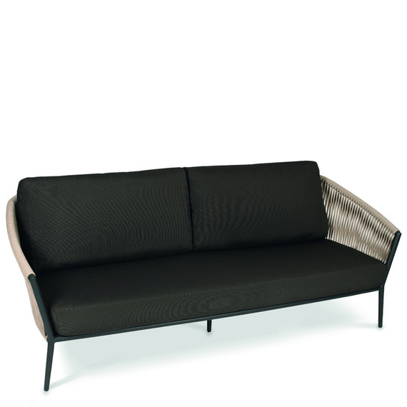 Cosmo Lounge 3-Seater, frame: aluminium anthracite matt textured coated, seating surface: fm-flat rope linen, cushion seat and back charcoal