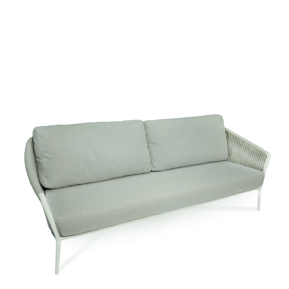 Cosmo Lounge 3-Seater, frame: aluminium white matt textured coating, seating surface: fm-flat rope lightgrey, cushion seat and back pebble