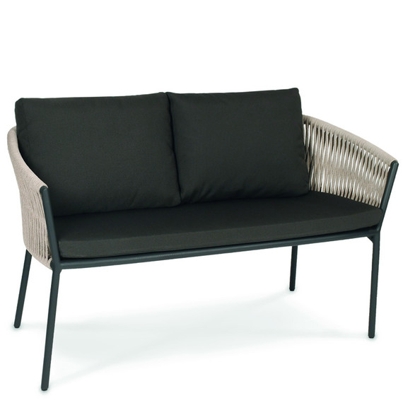 Cosmo 2-Seater bench, frame: aluminium anthracite matt textured coated, seating surface: fm-flat rope linen, cushion seat and back charcoal