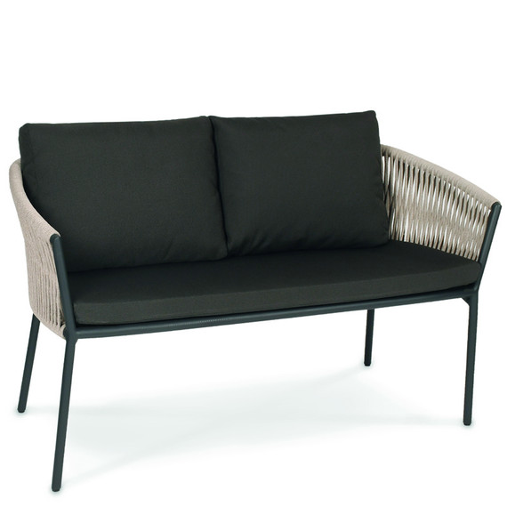 Cosmo 2-Seater bench, frame: aluminium anthracite matt textured coating, seating surface: fm-flat rope linen, cushion seat and back charcoal