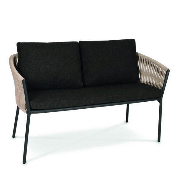 Cosmo 2-Seater bench, frame: aluminium anthracite matt textured coating, seating surface: fm-flat rope linen, cushion seat and back shadow