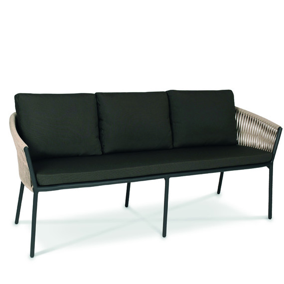 Cosmo 3-Seater bench, frame: aluminium anthracite matt textured coating, seating surface: fm-flat rope linen, cushion seat and back charcoal
