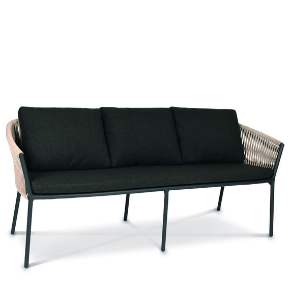 Cosmo 3-Seater bench, frame: aluminium anthracite matt textured coated, seating surface: fm-flat rope linen, cushion seat and back shadow