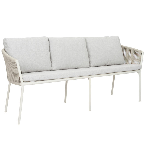 Cosmo 3-Seater bench, frame: aluminium white matt textured coated, seating surface: fm-flat rope lightgrey, cushion seat and back pebble