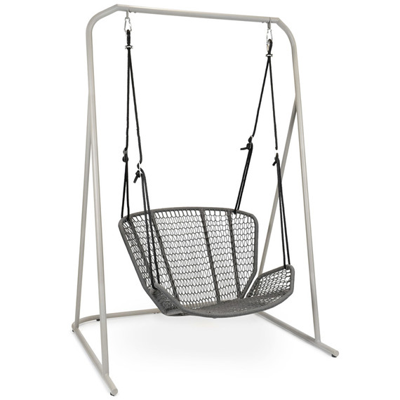 Wing light Relax hanging frame including seat shell and height-adjustable suspension at 2 points, frame stainless steel greystone matt textured coating, seat shell: aluminium powder coated, seating surface: fm-rope anthracite