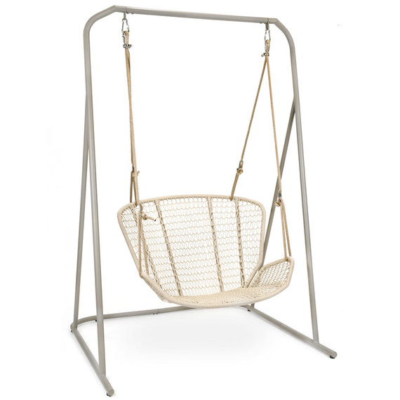 Wing light Relax hanging frame including seat shell and height-adjustable suspension at 2 points, frame stainless steel greystone matt textured coating, seat shell: aluminium powder coated, seating surface: fm-rope lightgrey