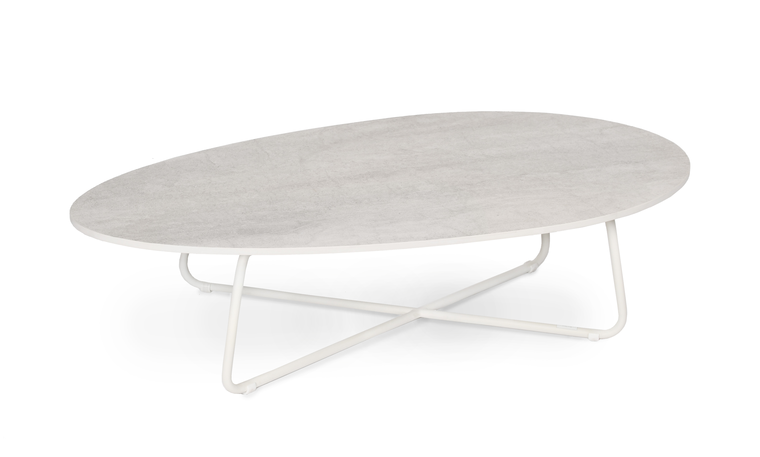 Drop side table oval 60x110 cm with fm-ceramtop 12mm Pearl, frame stainless steel white matt, textured coating