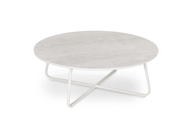 Drop side table round 80 cm with fm-ceramtop 12mm Pearl, frame stainless steel white matt, textured coating