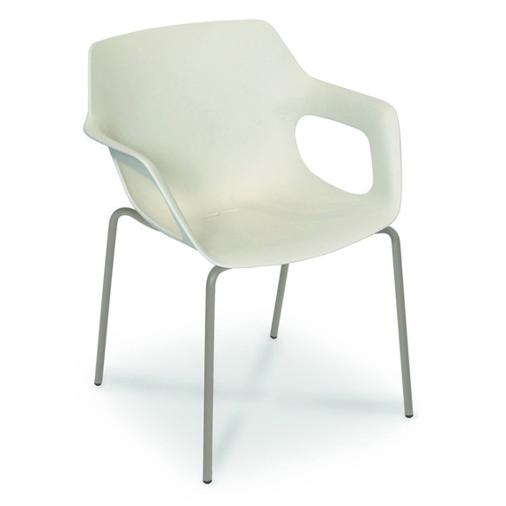 Tempus armchair, stackable, frame: stainless steel greystone matt textured coating, seat shell: recyclable plastic (PP) crema