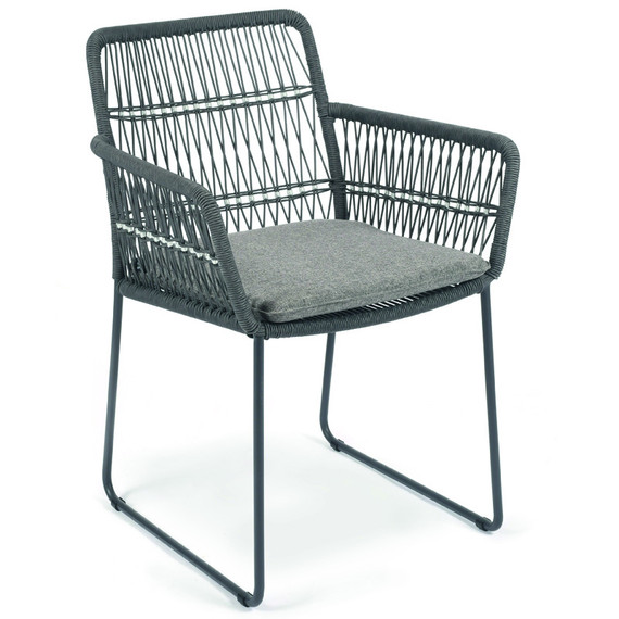 Wire armchair inclusive seat cushion, frame: stainless steel anthracite matt textured coating, seating surface: fm-rope darkgrey