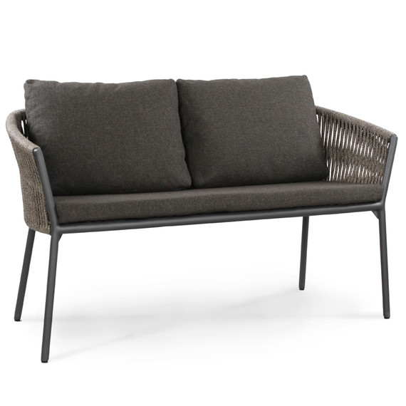 Cosmo 2-Sitzer Bank, Gestell: Aluminium anthrazit matt Strukturlack, Sitzfläche: fm-flat rope anthrazit, Kissen Sitz und Rücken charcoal