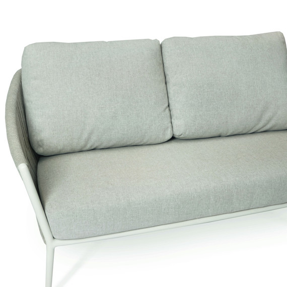 Cosmo 3-Seater bench, frame: aluminium white matt textured coating, seating surface: fm-flat rope lightgrey, cushion seat and back pebble