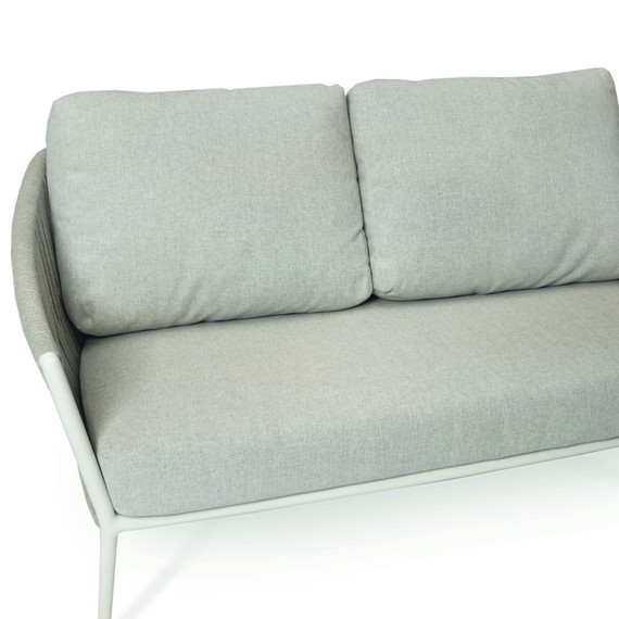 Cosmo 2-Seater bench, frame: aluminium white matt textured coated, seating surface: fm-flat rope lightgrey, cushion seat and back pebble