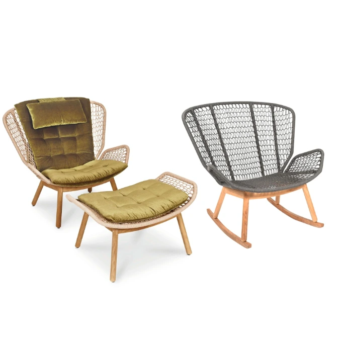 Wing Light Relax Sessel von Fischer Möbel mit Hocker – eleganter Outdoor Lounge Sessel mit filigranem Geflecht und Holzgestell für Garten und Terrasse