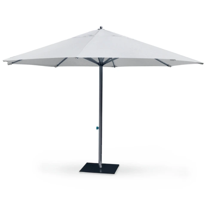 Klassischer Aluline Sonnenschirm in Weiß mit stabilem Aluminium-Mast und dunklem Standfuß von Fischer Möbel auf weißem Hintergrund.