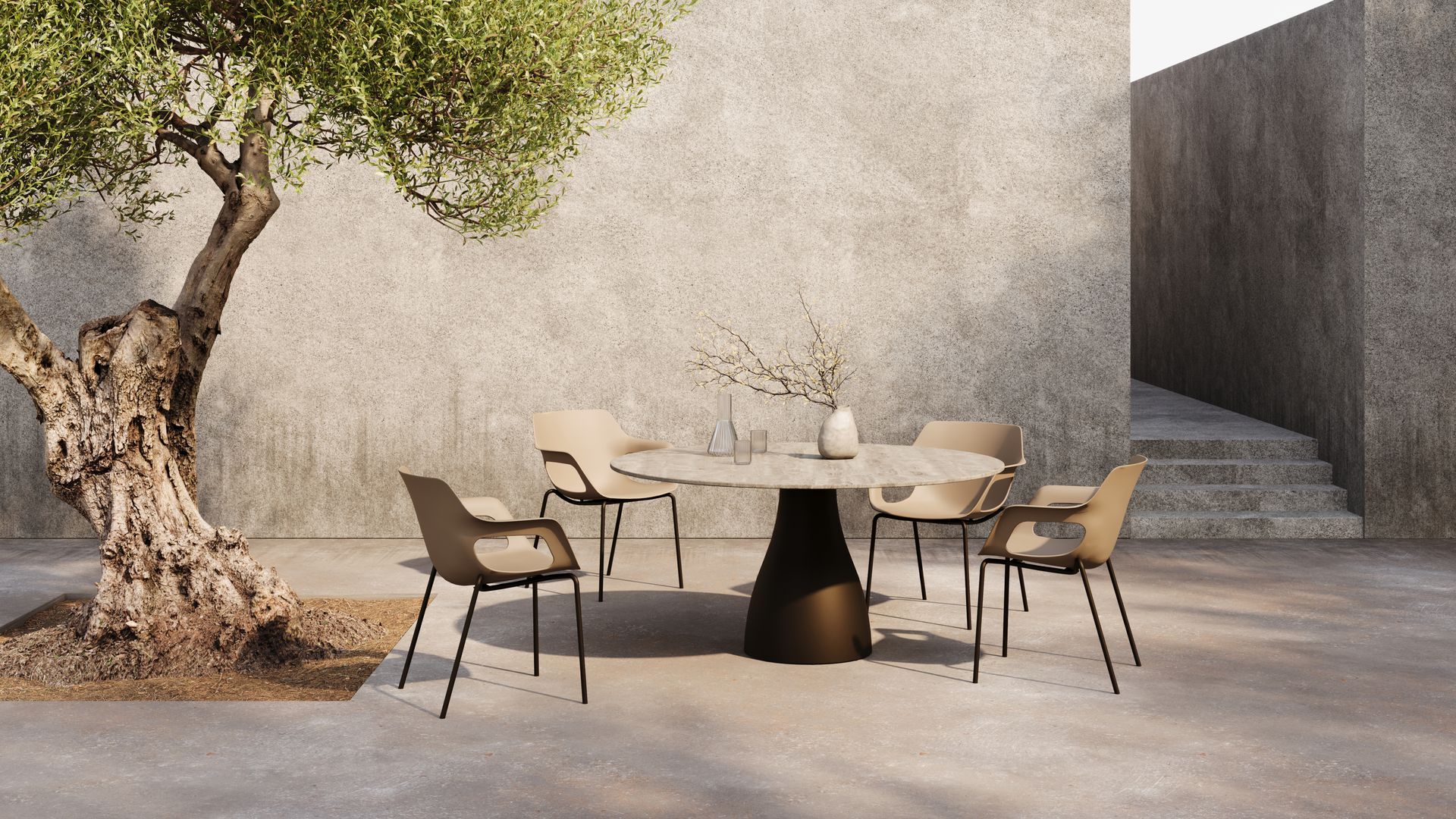 Exklusive Garten-Essgruppe von Fischer Möbel: Komfortable Tempus Sessel kombiniert mit dem eleganten Monroe Tisch auf einer stilvollen Terrasse.